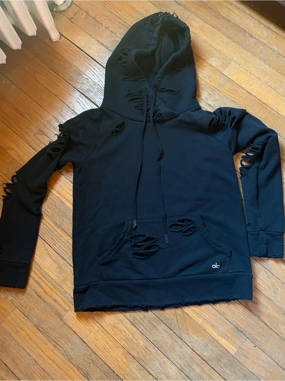 ALO Yoga Black Distressed Crewneck Hoodie